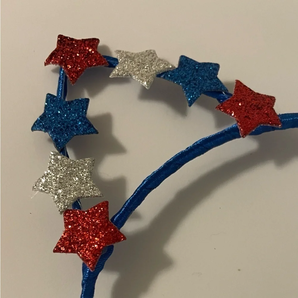 4th of July Patriotic Red & Blue Glitter Stars Cat Ears Headband 3pc
